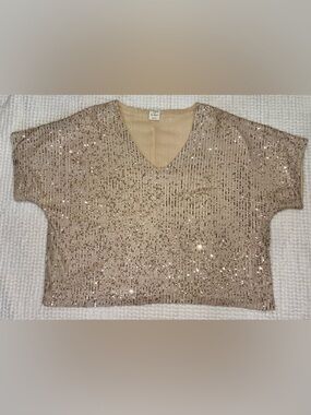 By Together Champagne Gold Sequin V Neck Dolman Top Size Small